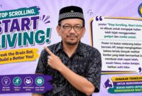 Poster pendidikan yang bertujuan memberikan kesadaran kepada siswa mengenai dampak negatif scrolling berlebihan terhadap kesehatan mental, kemampuan berpikir, fokus belajar, dan interaksi sosial.