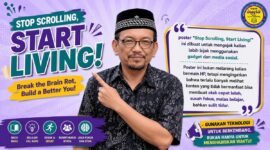 Poster pendidikan yang bertujuan memberikan kesadaran kepada siswa mengenai dampak negatif scrolling berlebihan terhadap kesehatan mental, kemampuan berpikir, fokus belajar, dan interaksi sosial.
