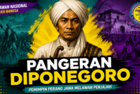 Pangeran Diponegoro, sosok panglima perang gagah dengan sorban yang memimpin ribuan rakyat melawan Belanda. Sosoknya identik dengan kesakralan, perjuangan suci, dan tentu saja, lukisan legendaris karya Raden Saleh.