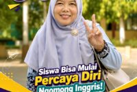 Seorang guru - Bu Endang- sedang menunjukkan gesture Peace