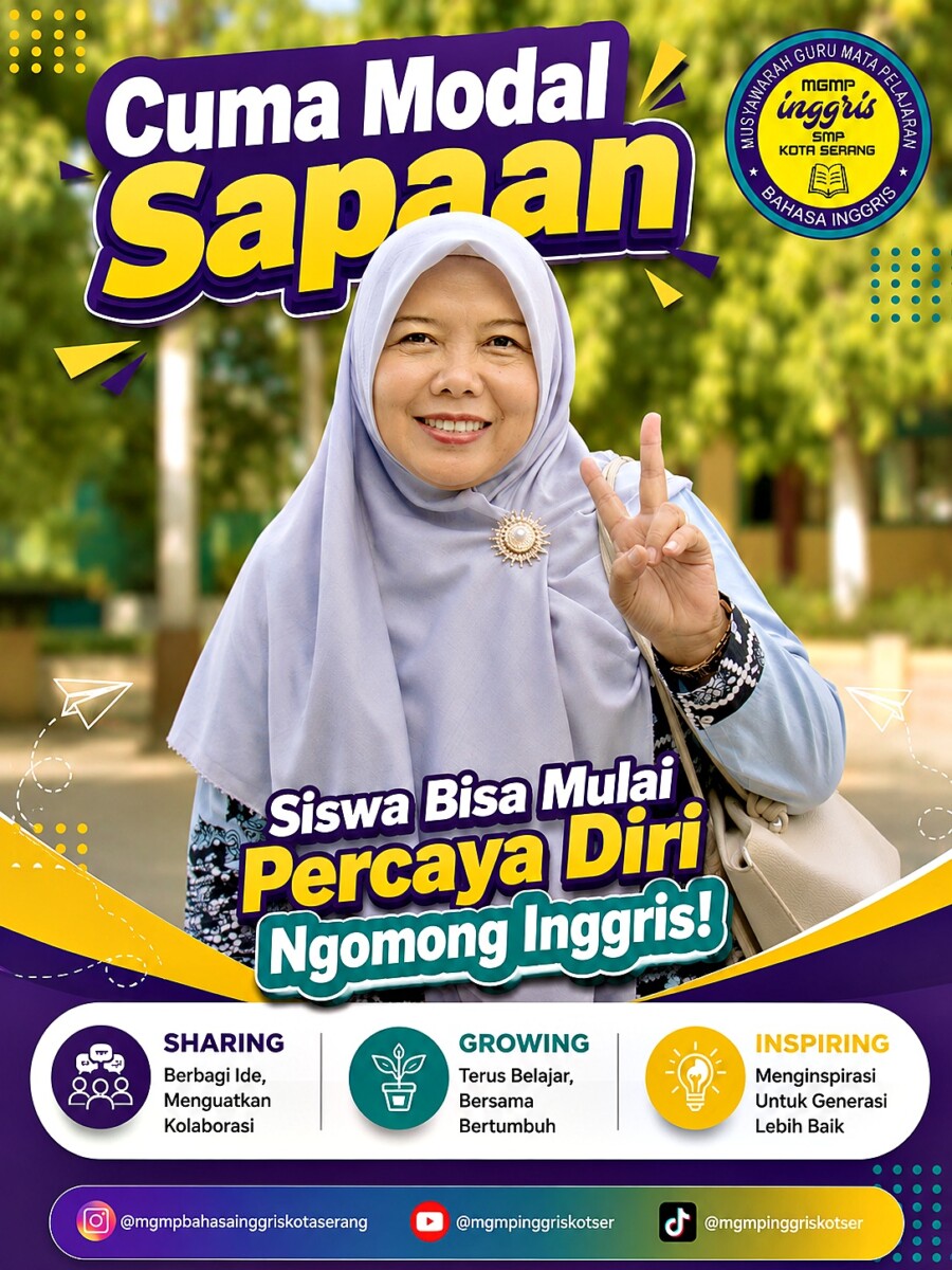 Seorang guru - Bu Endang- sedang menunjukkan gesture Peace