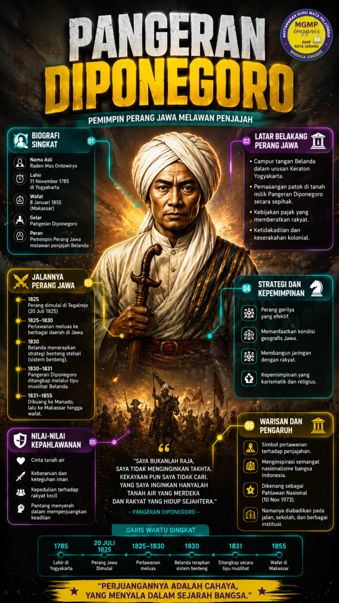 Pangeran Diponegoro, bayangan sosok panglima perang gagah dengan sorban yang memimpin ribuan rakyat melawan Belanda. Sosoknya identik dengan kesakralan, perjuangan suci, dan tentu saja, lukisan legendaris karya Raden Saleh.
