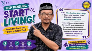Poster pendidikan yang bertujuan memberikan kesadaran kepada siswa mengenai dampak negatif scrolling berlebihan terhadap kesehatan mental, kemampuan berpikir, fokus belajar, dan interaksi sosial.