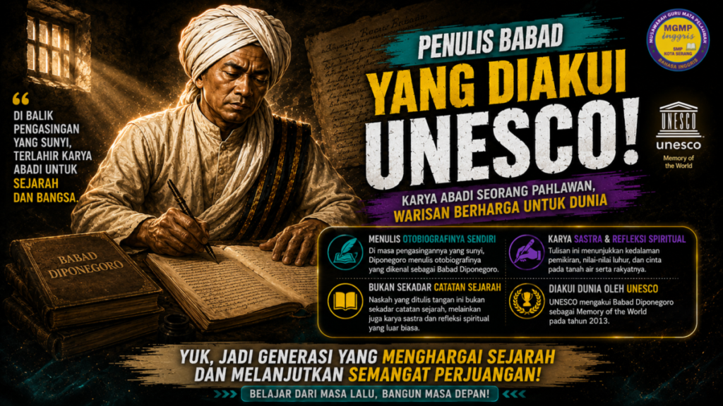 Di pengasingan yang sunyi, Diponegoro menulis sendiri otobiografinya: Babad Diponegoro. Naskah tulisan tangan ini bukan cuma catatan sejarah, tapi juga karya sastra dan refleksi spiritual yang luar biasa—bahkan diakui UNESCO sebagai Memory of the World pada 2013.