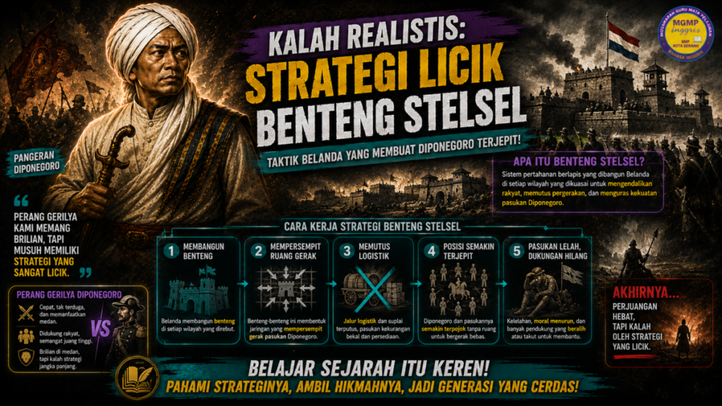 Perang gerilya Diponegoro memang brilian, tapi akhirnya tumbang oleh taktik Benteng Stelsel. Belanda bangun benteng di setiap wilayah yang dikuasai, bikin ruang gerak pasukan menyempit, logistik putus, posisi makin terjepit. Pasukan kelelahan, pendukung menciut. Licik banget, sih.