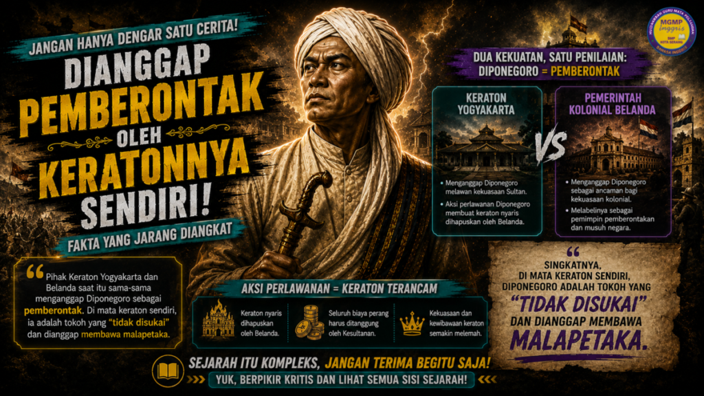 Nah, ini yang jarang diangkat. Buat Keraton Yogyakarta dan Belanda, Diponegoro itu pemberontak. Gara-gara aksinya, Keraton nyaris dibubarin Belanda dan seluruh biaya perang dibebankan ke Kesultanan. Jadi, di mata "rumahnya" sendiri, ia dianggap tokoh kontroversial yang membawa petaka.