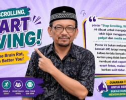 Poster pendidikan yang bertujuan memberikan kesadaran kepada siswa mengenai dampak negatif scrolling berlebihan terhadap kesehatan mental, kemampuan berpikir, fokus belajar, dan interaksi sosial. “Stop Scrolling, Start Living!”